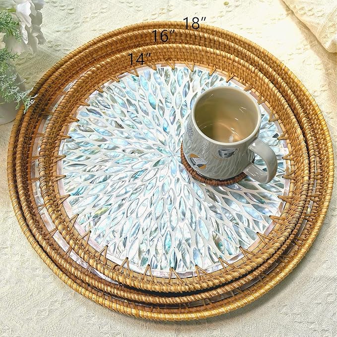 i-lan 18 inch Round Decorative Rattan Serving Platter with Mother of Pearl Inlay,Ottoman Coffee Table Tray Rattan Serving Display for Table Decor,Kitchen Counter Storage of Fruit,Candy.