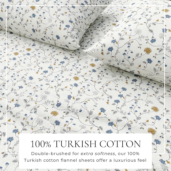 Great Bay Home Flannel Sheet Set California King Size - 100% Turkish Cotton, Double-Brushed, Winter Floral Bed Sheets - Ultra-Soft, Cozy, 4-Piece Bedding Set (Quiet Garden)