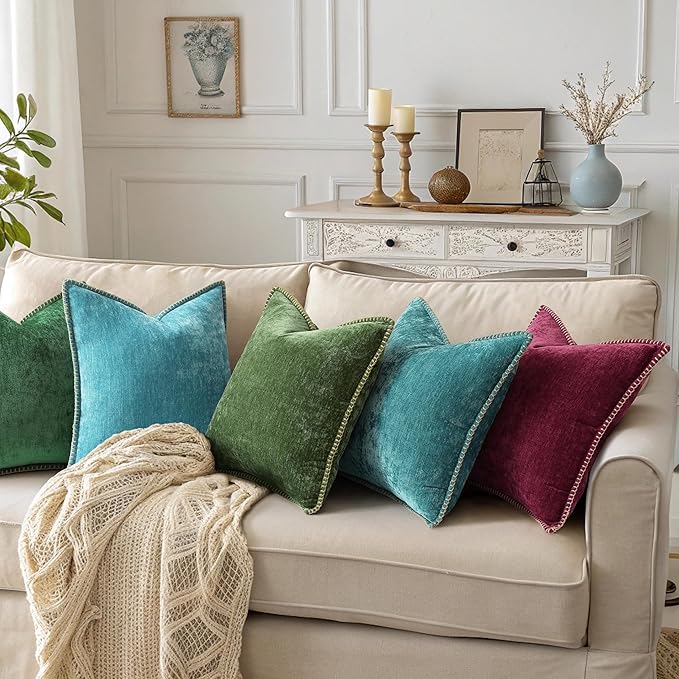 decorUhome Christmas Chenille Soft Throw Pillow Covers 20x20 Set of 2, Farmhouse Velvet Neutral Decorative Euro Pillow Covers with Stitched Edge for Couch Sofa Bed Home Decor, Green