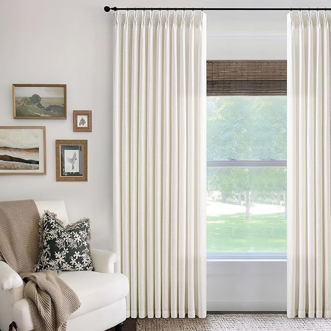 Cream Ivory Pinch Pleated Extra Wide Linen Curtains 84 Inches Long for Patio Sliding Glass Door 70 Inch Wide Pleated Drapes with Hooks Rings Back Tab Semi Sheer 70x84 Curtain for Living Room 1 Panel