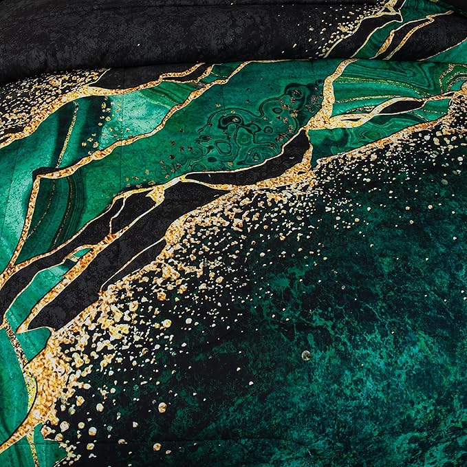 Tailor Shop 5Pcs Marble Green Comforter Set Queen Size for Women Adults Black Green and Gold Marble Bedding Sets Bed in a Bag (1 Comforter, 1 Flat Sheet, 1 Fitted Sheet, 2 Pillowcases)
