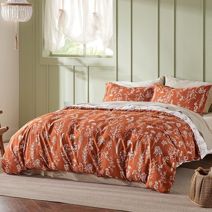 Bedsure Full Comforter Set - Terracotta Bed Set, 3 Pieces Cute Floral Bedding, 1 Soft Reversible Botanical Flowers Comforter and 2 Pillow Shams