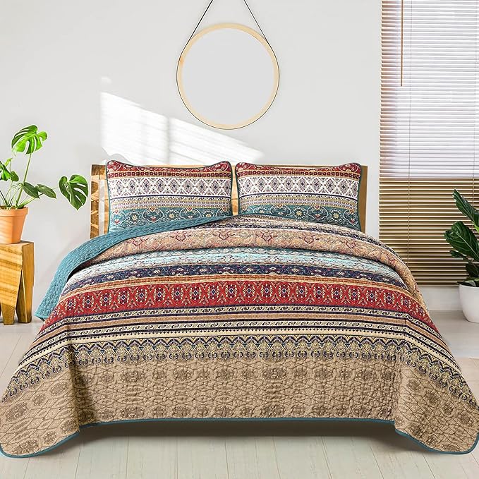 WONGS BEDDING Boho King Quilt Set, Green and Brown Bohemian King Quilt Bedding Set, Lightweight Microfiber Bed Decor Bedspread for All Season 103"x90"(3 Pieces)