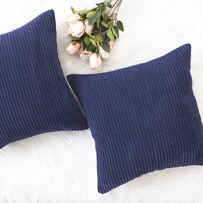 Home Brilliant Striped Decorative Corduroy Velvet Large Euro Sham Set of 2 60x60 cm Couch Throw Pillow Cover for Bed, 24 x 24 inch, Navy Blue