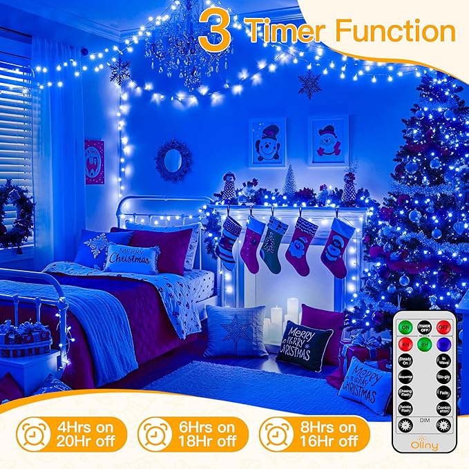 Ollny Blue Christmas Lights Waterproof, 400LED 131FT String Lights with Remote 3 Timer, Plug in 8 Modes Fairy Light for House Xmas Tree Bedroom Indoor Outside Decorations