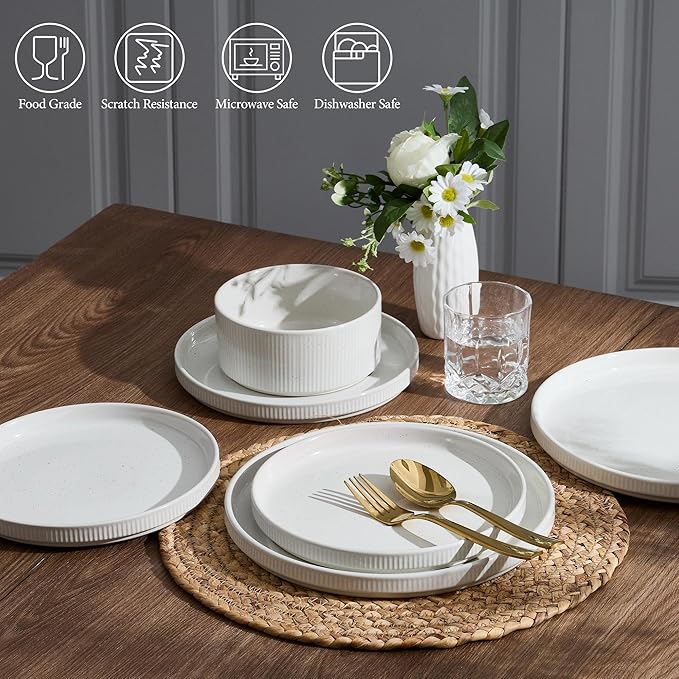E-far 12-Piece Plates and Bowls Sets, Stoneware Dinnerware Dishes Sets for 4, Kitchen Modern Dining Dishware, Chip & Scratch Resistant, Microwave & Dishwasher Safe, Speckled White