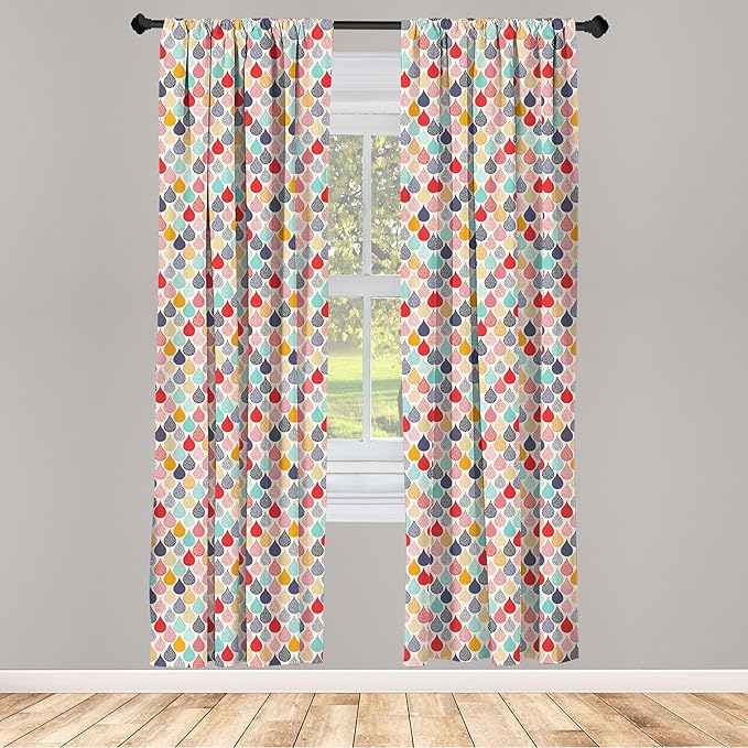 Ambesonne Geometric Window Curtains Pack of 2, Raindrops Doodle Style Creative Leaf Shaped Colorful Girls Theme, Lightweight Set with Rod Pocket, 4 Panels of - 28" x 63", Teal Coral