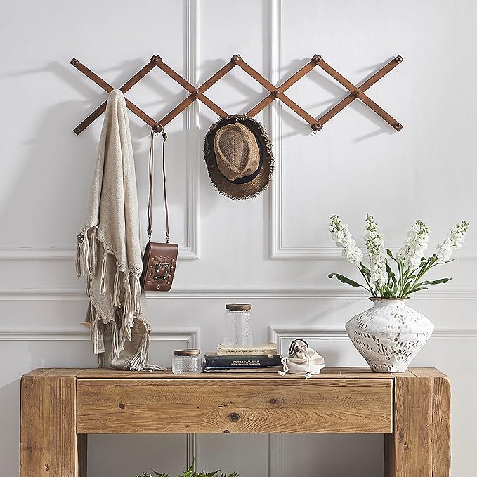 SKOLOO Hat Rack for Wall with 14 Hooks, Solid Wooden, Modern, Expandable Coat Rack Wall Mount for Coats, Hats, Bags, Baseball Caps, Walnut Color