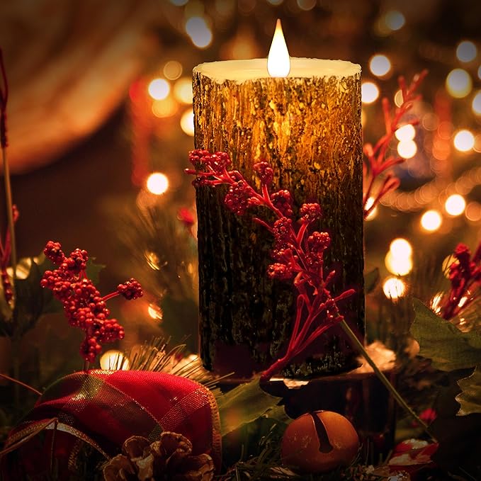NICEME Rechargeable LED Pine Bark Flameless Candles with Timer Remote USB Cable, Brown Real Wax USB Candles Flickering Fireplace Cabin Decor Electric Fake Battery Pillar Bark Candles, D 3”×H 4”5”6”