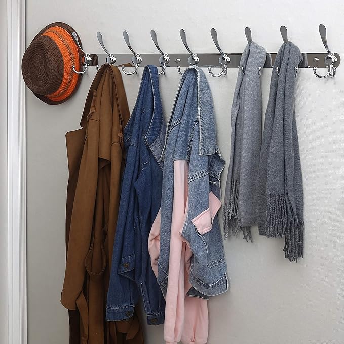 Dseap Coat Rack Wall Mount - 38” Long 10-Tri-Hooks Heavy Duty Coat Hanger Rail Wall Hooks for Hanging Coats Hats Clothing Clothes Purse Mudroom Entryway, Chromed, Pack of 2
