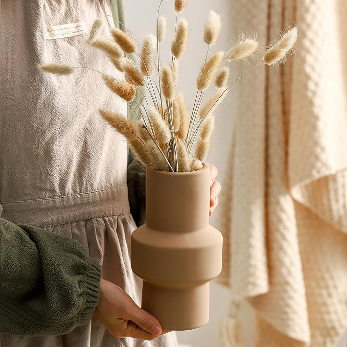 Modern Ceramic Vase Set of 3, 8 inch Simple Geometric Lines Vase for Pampas Grass Dried Fresh Flowers, Home Decor, Bedroom, Living Room, Bookshelf Decoration, Neutral Minimalist Nordic Style