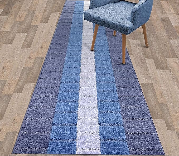 Custom Size Coastal Nautical Style Runner Rug Carpet for Hallway Entryway, Slip Resistant Latex Rubber Backed, 31 inch Wide X Customized Length, Squares Blue, 31 inch X 18 feet