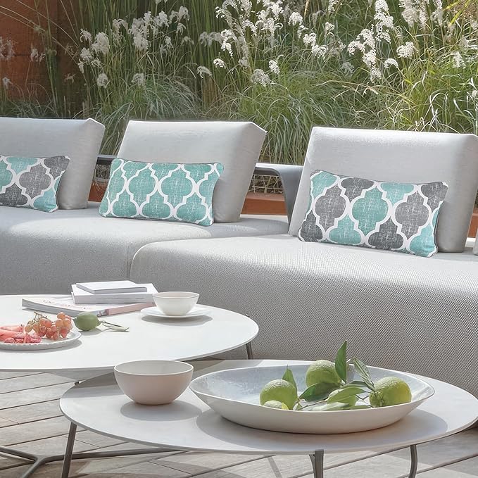Beauoop Pack of 2 Throw Pillow Cases Covers for Couch Bed Sofa Farmhouse Double Sided Printed Colorful Geometric Trellis Moroccan Pattern Lumbar Pillow Covers, 12 X 20 Inches, Aqua Gray