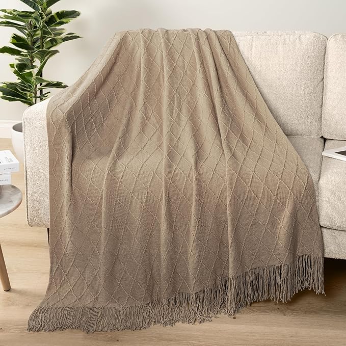 PAVILIA Tan Taupe Knit Throw Blanket for Couch Bed, Soft Knitted Farmhouse Sofa Throw for Living Room, Lightweight Decorative Fall Throw Blanket for Chair, Outdoor Textured Boho Blanket, 50x60