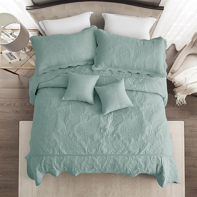 HZ & HY Oversized King Bedspread, Quilted Coverlet Bedding Set, Lightweight Thin Comforter, Reversible, Luxurious, 5 Piece, 100% Microfiber, Aqua Sky