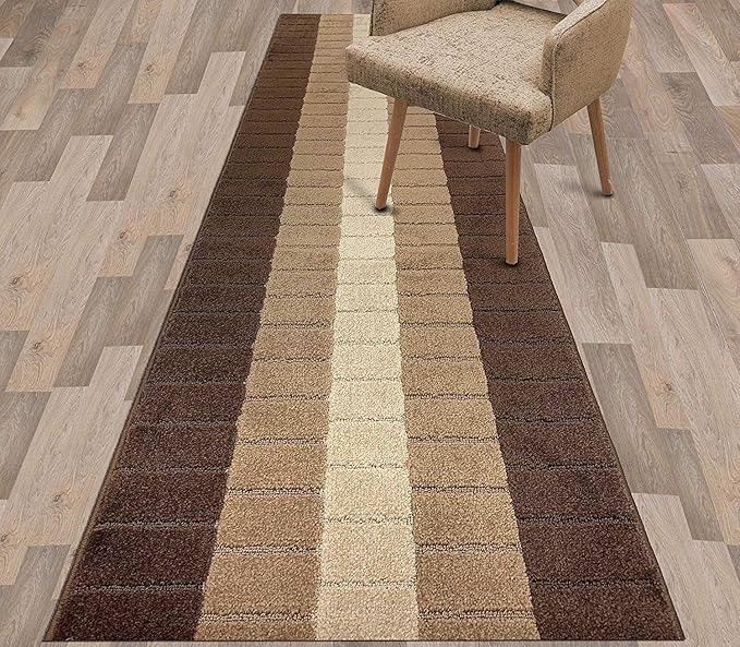 Custom Size Modern Geometric Pattern Carpet Runner Rug for Hallways, Slip Resistant Latex Rubber Backed, 31 inch Wide X Customized Length, Squares Brown, 31 inch X 29 feet