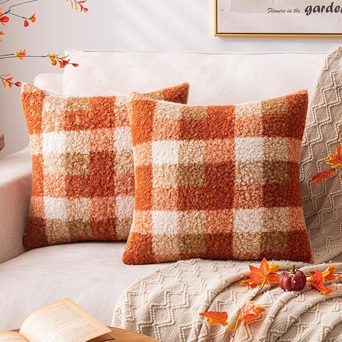 Orange Plaid Fall Throw Pillow Covers 18x18 Inch Set of 2, Boucle Decorative Pillow Covers,Cozy Fluffy Home Living Room Farmhouse Decor for Sofa Couch Bed