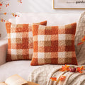 Orange Plaid Fall Throw Pillow Covers 24x24 Inch Set of 2, Boucle Decorative Pillow Covers,Cozy Fluffy Home Living Room Farmhouse Decor for Sofa Couch Bed