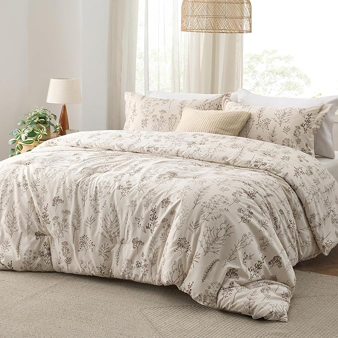 Bedsure Full Comforter Set - Beige Bed Set, 3 Pieces Cute Floral Bedding, 1 Soft Botanical Flowers Comforter and 2 Pillow Shams