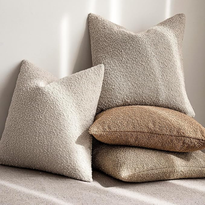 Foindtower Decorative Boucle Throw Pillow Covers Accent Solid Pillow Cases Cozy Soft Textured Couch Cushion Case for Chair Sofa Bedroom Living Room Home Decor 22 x 22 Inch,Beige Oatmeal