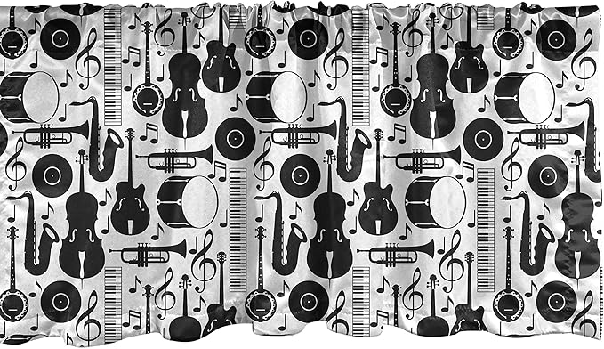 Lunarable Jazz Window Valance, Silhouette of Musical Instruments Trumpet Saxophone Guitar Drum and Keyboard, Curtain Valance for Kitchen Bedroom Decor with Rod Pocket, 54" X 12", White Charcoal