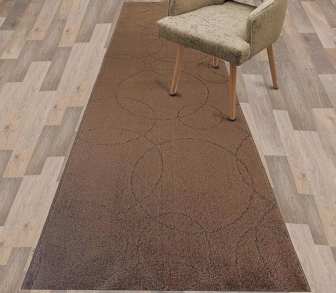 Custom Size Modern Geometric Pattern Carpet Runner Rug for Hallways, Slip Resistant Latex Rubber Backed, 31 inch Wide X Customized Length, Circles Brown, 31 inch X 27 feet