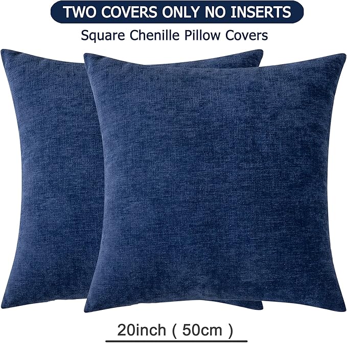 GAWAMAY Decorative Square Throw Pillow Covers 20"x20" Inch Set of 2, Super Soft Chenille Pillows Farmhouse Fall Pillowcase for Living Room Bedroom Sofa Couch Cushion Cover Navy Blue 50x50cm