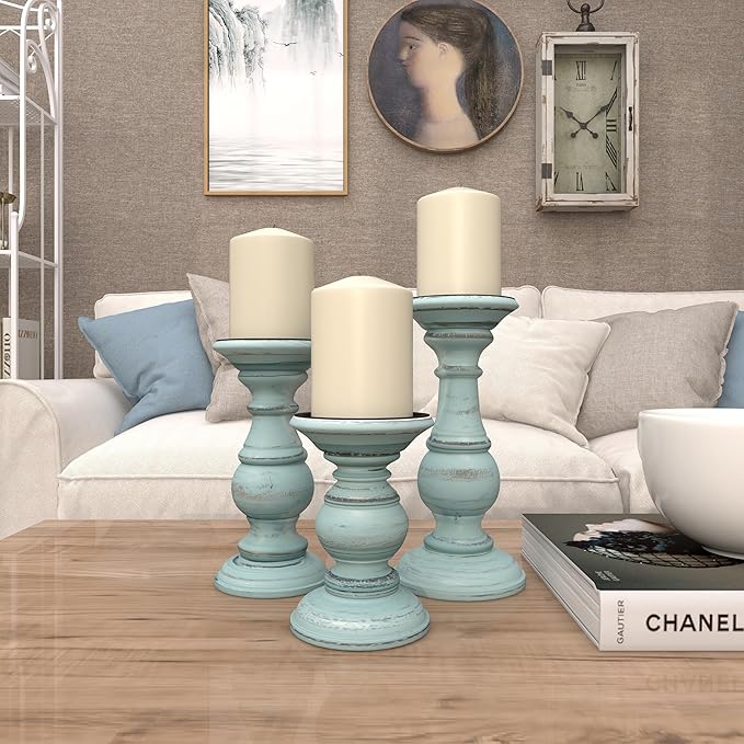 Deco 79 Mango Wood Decorative Candle Holder Distressed Turned Pillar Candle Stand, Set of 3 Candlestick Holder 6", 8", 10"H, Light Blue
