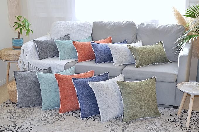 Stitched Edge Soft Throw Pillow Covers Dark Grey 20x20 inches Set of 2 Textured Velvet Gray Chenille Cushion Covers Farmhouse Decorative Pillow Covers for Living Room, Chairs, Couch