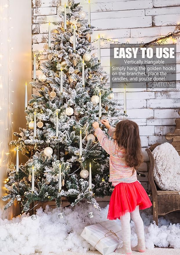 Christmas Tree Candles, 12 Pack Flameless Taper Candles for Christmas Tree Decor, Battery Operated with Remote Flickering LED Candles with Clear Crystal Ball Gold Hook for Xmas Wedding Home Gift