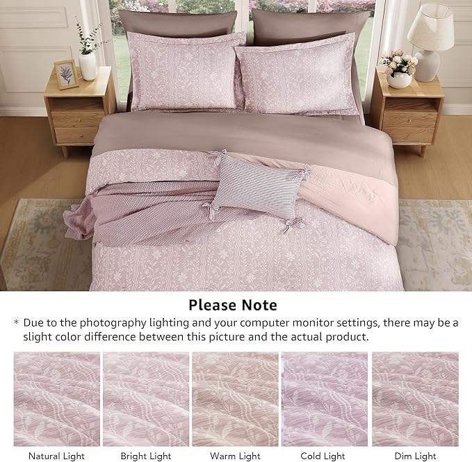 Full Comforter Set -7 Pieces Floral Pink Comforter Set for All Seasons, Bed in a Bag Full with Botanical Flowers Comforter, Sheets, Pillowcases & Shams