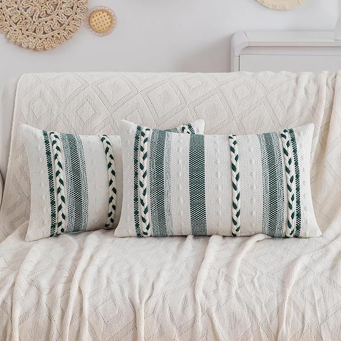 Decorative 2 Packs Boho Sage Green Striped Lumbar Pillow Covers 12x20 Inch Coastal Accent Long Throw Pillows, Neutral Farmhouse Textured Throw Pillow Cases for Couch Bedroom Living Room Chair