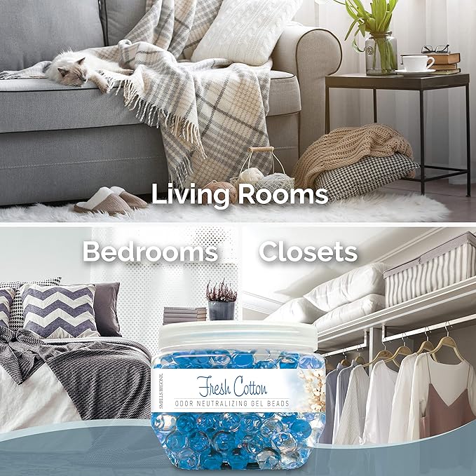 SMELLS BEGONE Odor Eliminator Gel Beads - 12 oz, Pack of 2 - Eliminates Odor in Bathrooms, Cars, Boats, RVs & Pet Areas - Air Freshener - Made with Essential Oils - Fresh Cotton Scent