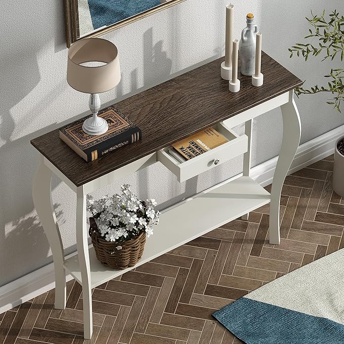ChooChoo Narrow Farmhouse Console Table with Drawer, Chic Accent Sofa Entryway Table with Shelves for Entryway, Living Room, Hallway, Soft White