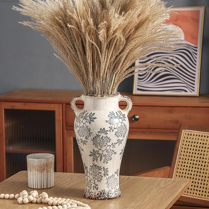 Enra Vintage vase with Handle,12.6 inch Blue and White Ceramic Decorative Flower vase, Chinoiserie Floral Vase,Large Rustic Vases for Home Decors, Living Room, Bookshelf, Office