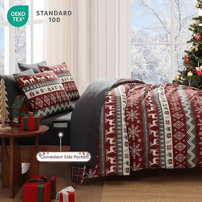 MaiRêve Christmas Full Comforter Sets, Red Reindeer Snowflake Bed Set for Holiday, Reversible Plaid Checkered Comforter Bed in a Bag, Soft Bedding Set 7 Pieces with Sheets, Pillowcases & Shams