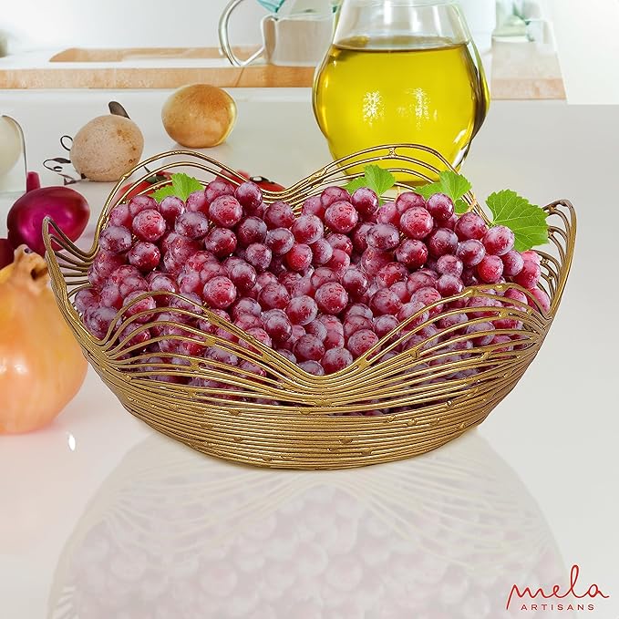 Mela Artisans Decorative Bowl | 12-Inch Gold Metal Wire Fruit Bowl | Perfect for Kitchen Counter | Fruits | Potpourri | Vegetables | Snacks | Candies