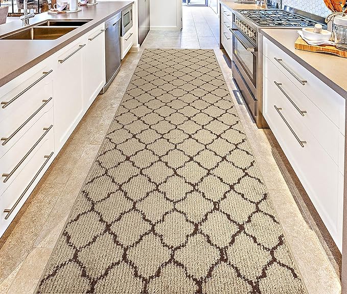 Custom Size Modern Runner Rug Carpet for Hallway Entryway Foyer Kitchen, Slip Resistant Latex Rubber Backed 31 inch Wide X Customized Length, Trellis Beige, 31 inch X 13 feet