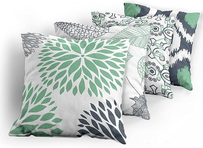 Ambesonne Vintage Throw Pillow Cushion Case Pack of 4, Bohemian Ornamental Leaves Dahlia Pattern Geometric Art Curlicue Motif, Modern Accent Double-Sided Digital Printing, 24", Dark Blue and Sea Green