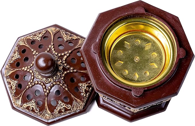 AM Lux Octagon Incense Burner – Bakhoor & Cone Holder | Charcoal Resin Burner for Frankincense, Myrrh & Aromatherapy | Decorative Mabkhara for Home, Office & Meditation Room Decor | Gift Box (Brown)