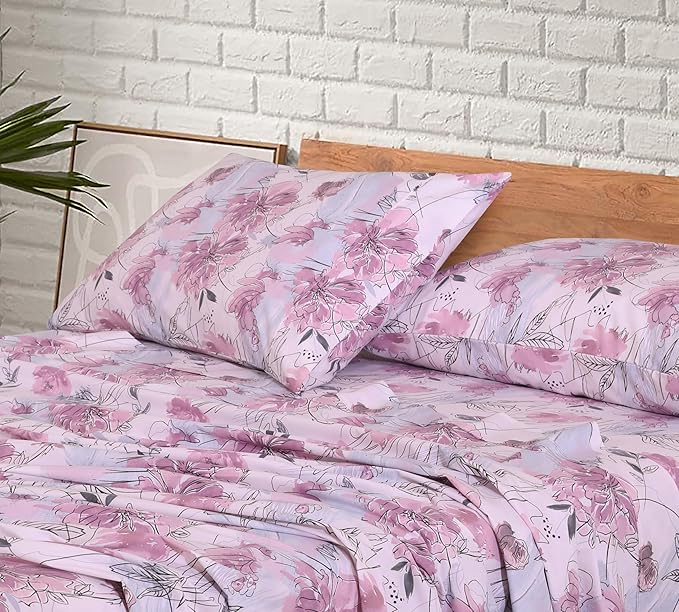RUVANTI 100% Cotton Twin XL Sheet Sets, 3 Pieces, Soft & Breathable Percale Weave Bedding, Deep Pocket 16", Hotel Standard, Crisp Cool Feel, Durable, Perfect Size Floral Sheets, Lilac Floral