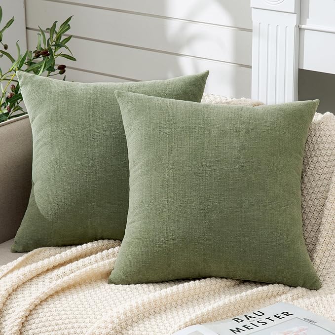 GAWAMAY Decorative Square Sage Green Throw Pillow Covers 18"x18" Inch Set of 2, Super Soft Chenille Pillows Farmhouse Fall Pillowcase for Living Room Bedroom Sofa Couch Cushion Cover 45x45cm