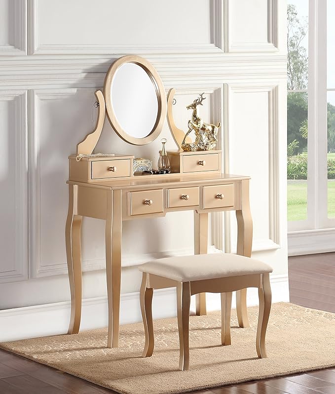 Roundhill Furniture Ashley Wood Makeup Vanity Table and Stool Set, Gold
