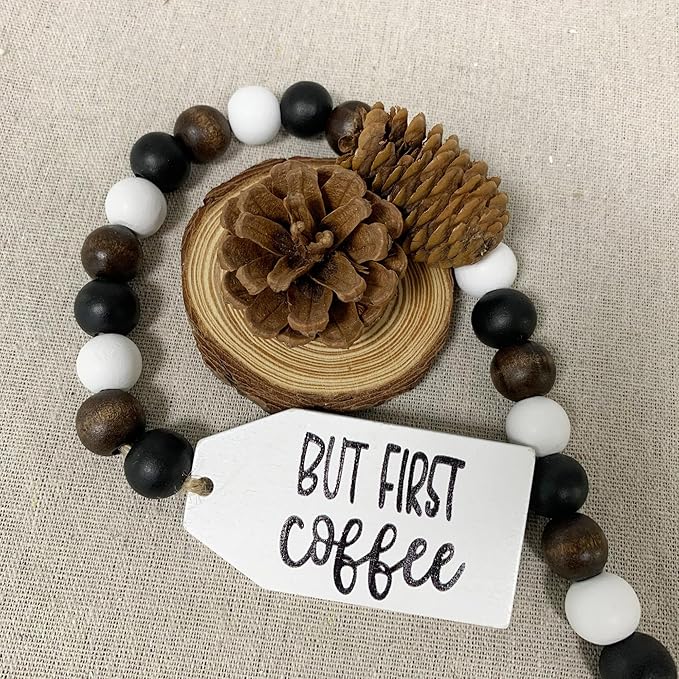 40" Handmade Farmhouse Bead Garland Wood with Tassel, Boho Chic Decorative String Beads Home Decor, Table Tiered Tray Country Wooden Accents (Mocha Mornings: But First, Coffee, 0.63" Diameter)