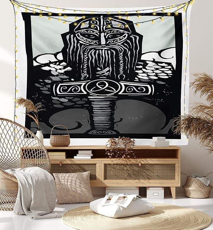 Lunarable Viking Tapestry, Thor Son of Odin Monochrome Design Guardian of Asgard Scandinavian Culture, Fabric Wall Hanging Decor for Bedroom Living Room Dorm, 23" X 28", Black White