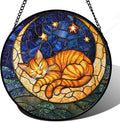 Stained Glass Window Hanging - Orange Moon Sleeping Cat Sun Catcher for Door Home Decor Blue Starry Sky Suncatcher Christmas Mother's Day Birthday Gifts for Women Men Mom Nana 9.8 in