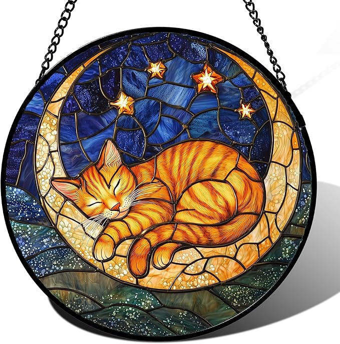 Stained Glass Window Hanging - Orange Moon Sleeping Cat Sun Catcher for Door Home Decor Blue Starry Sky Suncatcher Christmas Mother's Day Birthday Gifts for Women Men Mom Nana 9.8 in