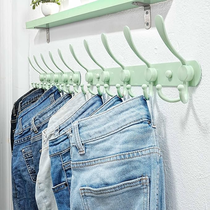 Dseap Coat Rack Wall Mounted - 5 Tri Hooks, Heavy Duty, Stainless Steel, Metal Coat Hook Rail for Coat Hat Towel Purse Robes Mudroom Bathroom Entryway, Green