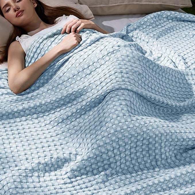 Bedsure Cooling Cotton Waffle Queen Size Blanket - Lightweight Breathable Blanket of Rayon Derived from Bamboo for Hot Sleepers, Luxury Throws for Bed, Couch and Sofa, Blue, 90x90 Inches