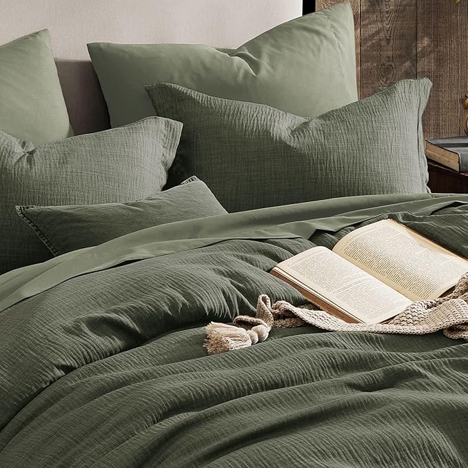 Geniospin Dark Olive Green Queen Comforter Set - 7 Pieces Comforter Queen Size, Solid Bedding Set for All Season, Textured Bed in a Bag with Sheets